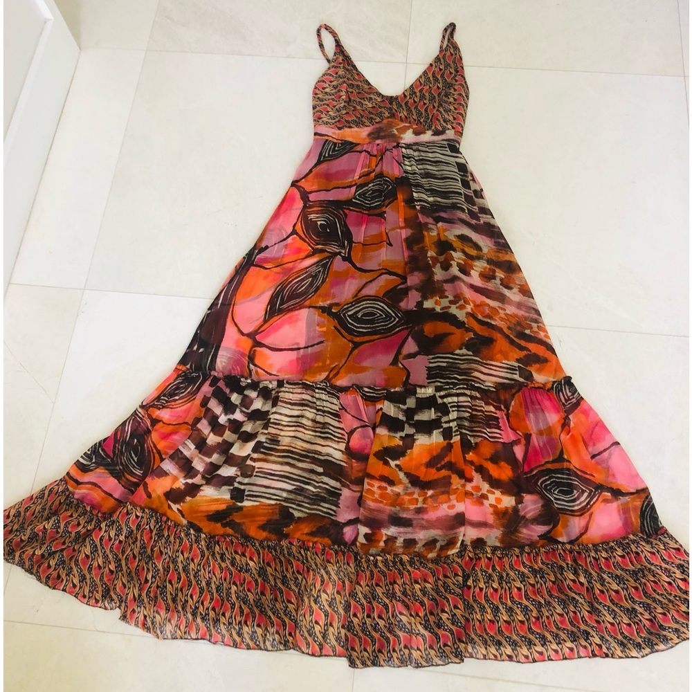 Pinko Pink & Orange Printed Spaghetti-Strap Maxi Dress. Size 4